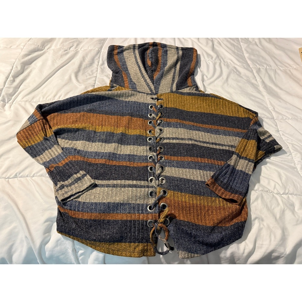 Boho Ariella Womens Striped Ribbed Cowl Neck Sweater Lace Up Back Multi Color L - Picture 6 of 12